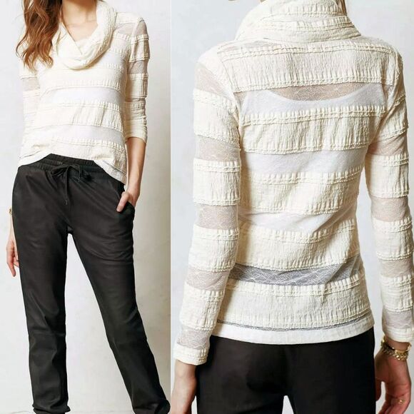 Anthropologie Tiny Top Cowl Neck Lace Ruffle Cowl Semi Sheer Stripe Lagenlook XS - Picture 1 of 8